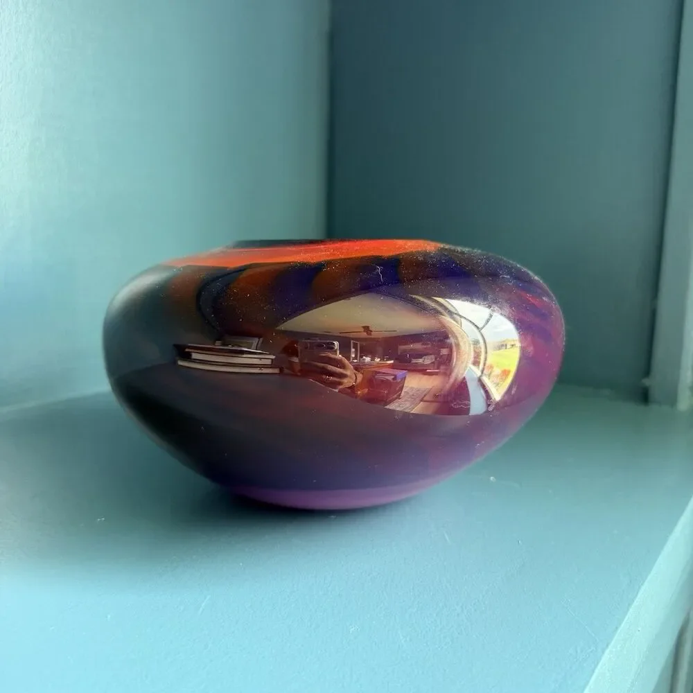 Vintage Hand Blown Studio Art Glass Vase Signed 53 7” Diameter 4” Tall Murano